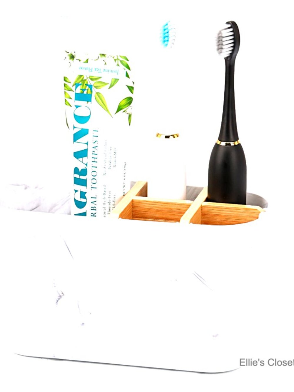 5 Slot Bamboo Toothbrush Holder with Marble Finish, Electric Toothbrush